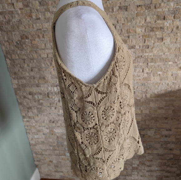 Boho Coastal Tan Beige Crochet Lace Medallion Sleeveless Tank Top Blouse XS - Picture 2 of 11